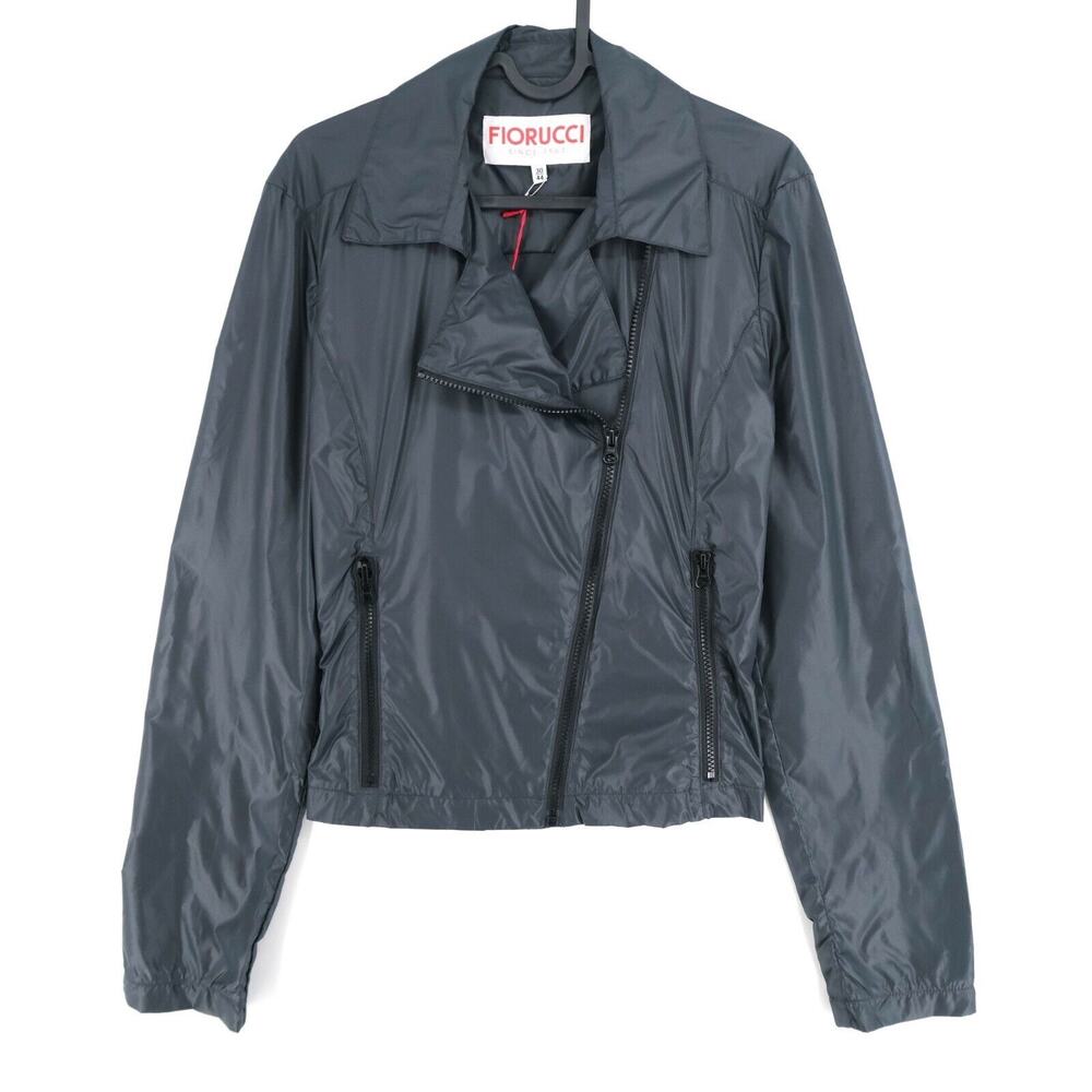 NWT- FIORUCCI K-WAY Dark Grey Biker Cropped Rain Coat Jacket SZ:42‎ (M) RET$160